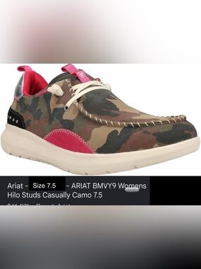 ARIAT BMVY9 Womens Hilo Studs Casually Camo Shoes, Size 7.5 NWT